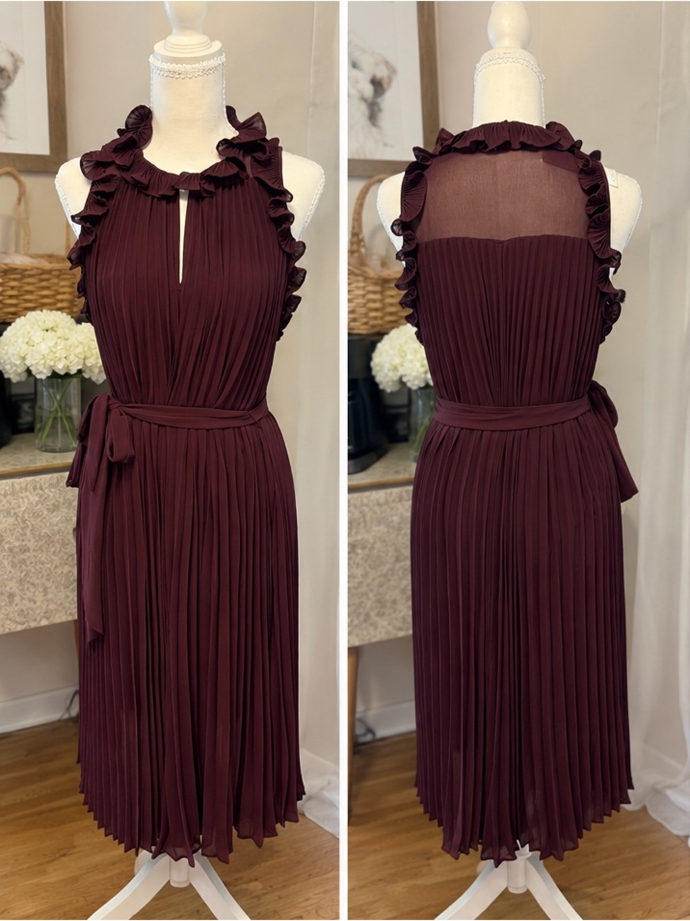 Ann Taylor Burgundy Ruffled Pleated Midi Dress